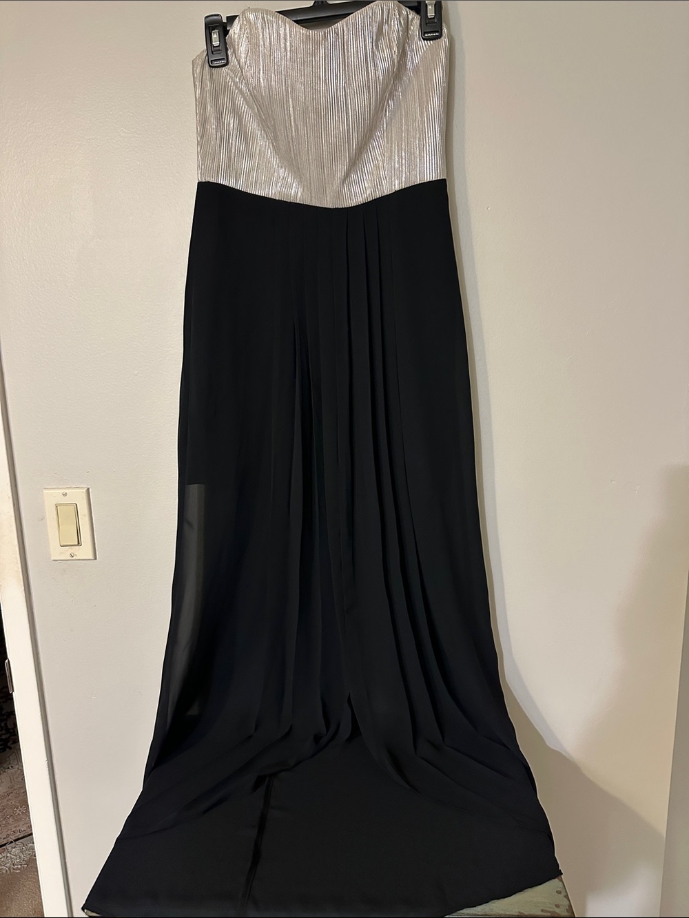 BCBGeneration Silver and Black Strapless Evening Dress